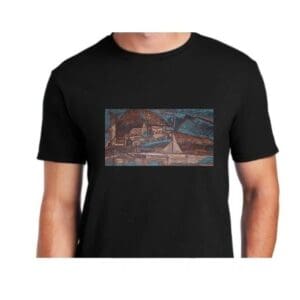 A black t-shirt with an image of a bridge