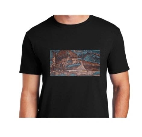 A black t-shirt with an image of a bridge