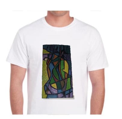 A man wearing a white t-shirt with an abstract painting on it.