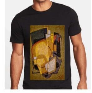 A man wearing a black t-shirt with an abstract painting on it.