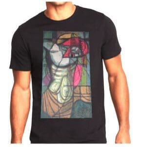 A man wearing a black t-shirt with a stained glass image of a person.