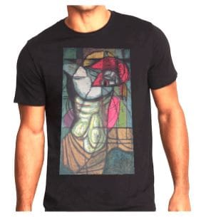 A man wearing a black t-shirt with a stained glass image of a person.