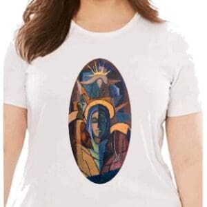 A woman wearing a white t-shirt with an oval painting of jesus.