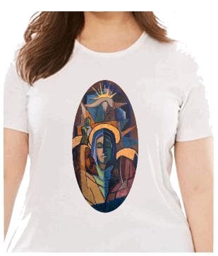 A woman wearing a white t-shirt with an oval painting of jesus.