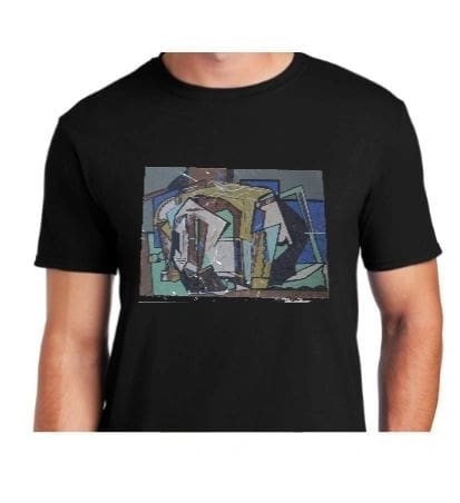 A black t shirt with an abstract painting on it