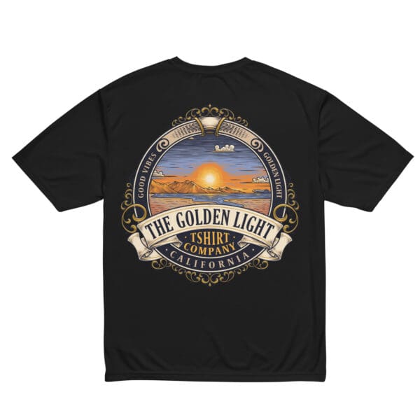 A black t-shirt with the golden light logo on it.