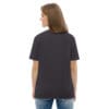 Woman in dark gray t-shirt, back view.