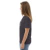 Woman in dark t-shirt, side view.