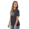 Woman in dark t-shirt with art.