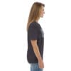 Woman in dark gray t-shirt with art.