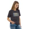 Woman wearing abstract art t-shirt.