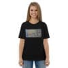 Abstract art print on black t-shirt.