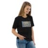 Woman wearing abstract art t-shirt.
