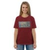 Abstract art on maroon t-shirt.