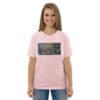 Pink t-shirt with abstract art.