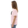 Woman in pink t-shirt with art print.
