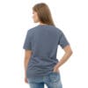 Woman in blue t-shirt, back view.