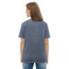 Woman in a blue t-shirt, back view.