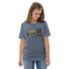 Abstract art on heather blue tee.
