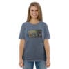 Abstract art on heather blue t-shirt.
