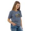Woman wearing a t-shirt with artwork.