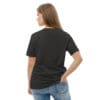 Woman in dark gray t-shirt, back view.