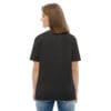 Woman in dark gray t-shirt, back view.