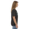 Woman in dark gray t-shirt with artwork.