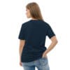 Woman in navy blue t-shirt, back view.