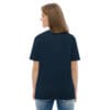Woman in navy blue t-shirt, back view.