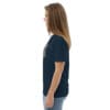Woman in navy t-shirt with design.