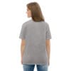 Woman in heather gray t-shirt, back view.
