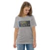 Here's an alt tag for the image: `Grey t-shirt with cubist horse painting`