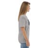 Woman in gray t-shirt with artwork.