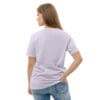 Woman in lavender t-shirt, back view.
