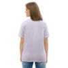 Woman in lavender t-shirt, back view.