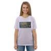 Abstract art on a lavender t-shirt.
