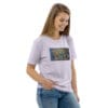 Woman wearing abstract art t-shirt.
