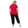 Woman in red shirt and black pants, back view.
