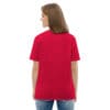 Woman in red t-shirt, back view.