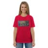 Red shirt with abstract art print.