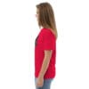 Woman in red shirt with camo pocket.