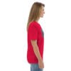 Woman in red T-shirt, side view.
