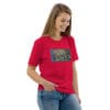 Woman in red shirt, abstract art.