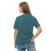 Woman in teal t-shirt, back view.