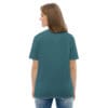 Woman in teal t-shirt, back view.