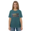 Abstract art on teal t-shirt.