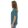Woman in teal t-shirt, side view.