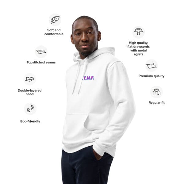 Man in white eco-friendly hoodie.