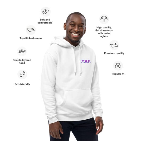 Man in white eco-friendly hoodie.